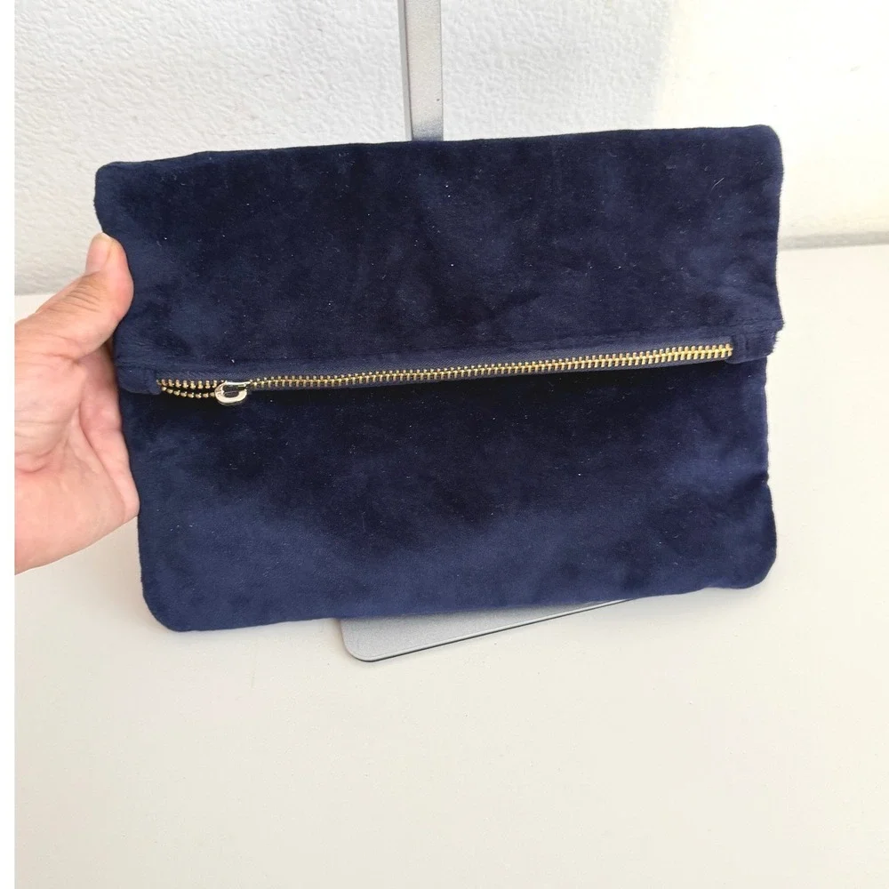 Merona Navy Blue Velvet Foldover Clutch Bag Gold Zipper Evening Pouch